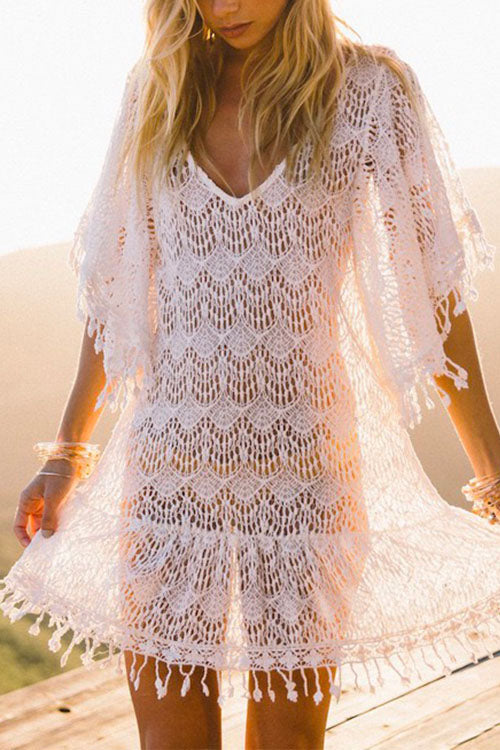 Meridress Tassel V Neck Hollow Out Lace Beach Dress