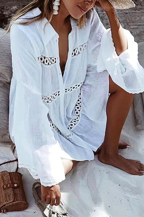 Meridress Long Sleeve Beach Lace Shirt Dress