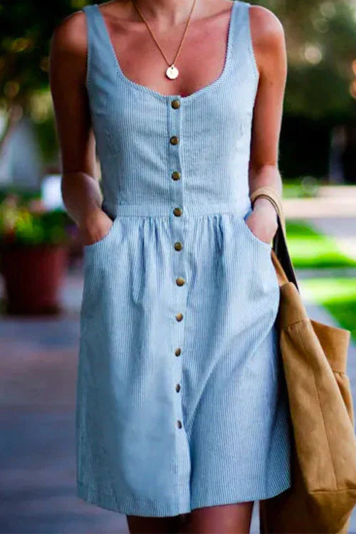 Meridress Buttons U Neck Sleeveless Striped Dress with Pockets