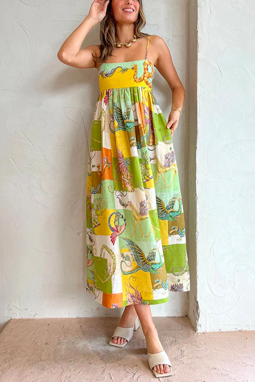 Meridress Bow Knot Back Dinosaur Printed Cami Maxi Holiday Dress