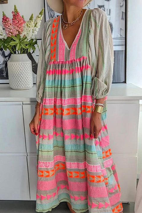 Meridress V Neck Puff Sleeve Color Block Printed Swing Dress