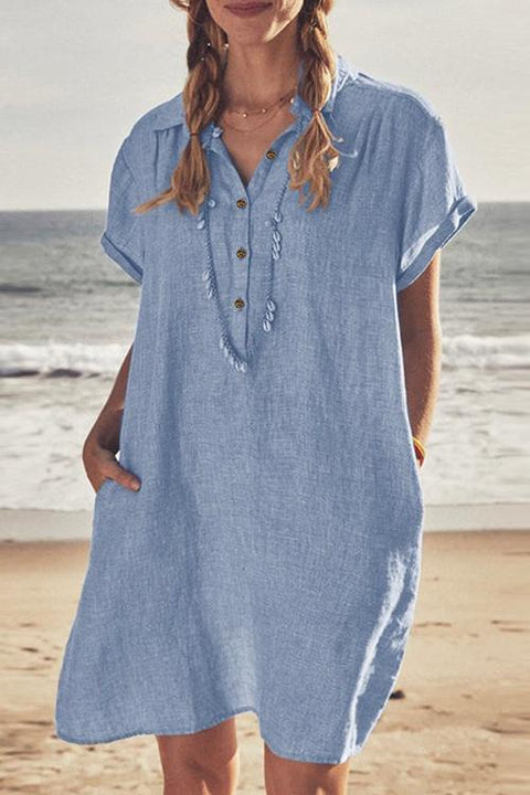 Meridress Lapel Buttons Pockets Cotton Linen Beach Dress