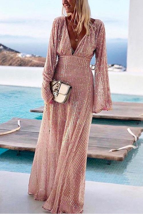 Meridress Deep V Neck Waisted Bell Sleeve Maxi Sequin Dress