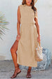 Meridress Sleeveless Tie Waist Side Split Ribbed Knitting Dress