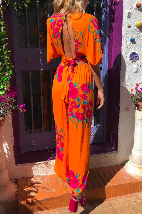 Meridress Knot Back Cut Out Wide Leg Floral Jumpsuit