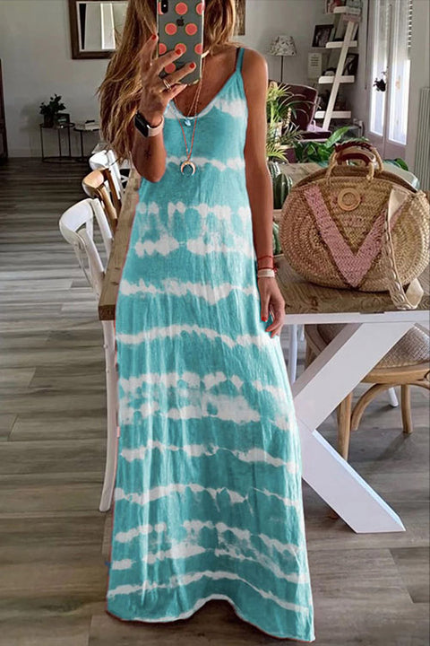 Meridress V Neck Spaghetti Strap Tie Dye Casual Maxi Dress