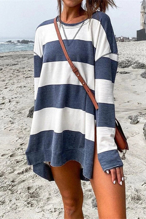 Meridress Striped Long Sleeves Side Split Pullover