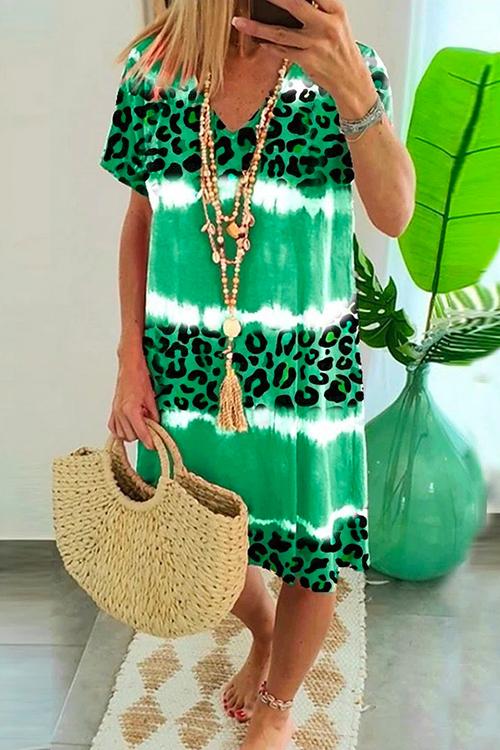 Meridress V Neck Short Sleeve Leopard Tie Dye Dress