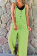 Meridress Scoop Neck Buttons Wide Leg Solid Cotton Linen Overalls