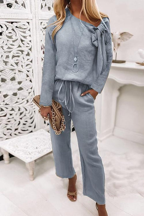Meridress Side Bow Knot Neck Pullover Tie Waist Pants Lounge Set