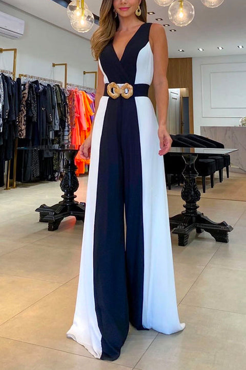 Meridress Sleeveless V Neck Color Block Flowy Wide Leg Jumpsuit