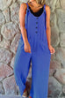 Meridress Scoop Neck Buttons Wide Leg Solid Cotton Linen Overalls