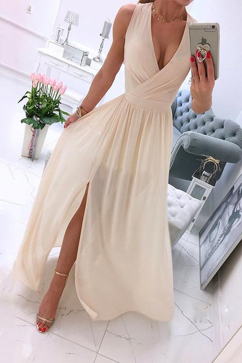 Meridress  Wrap V Neck Side Split Ruched Sleeveless Party Dress