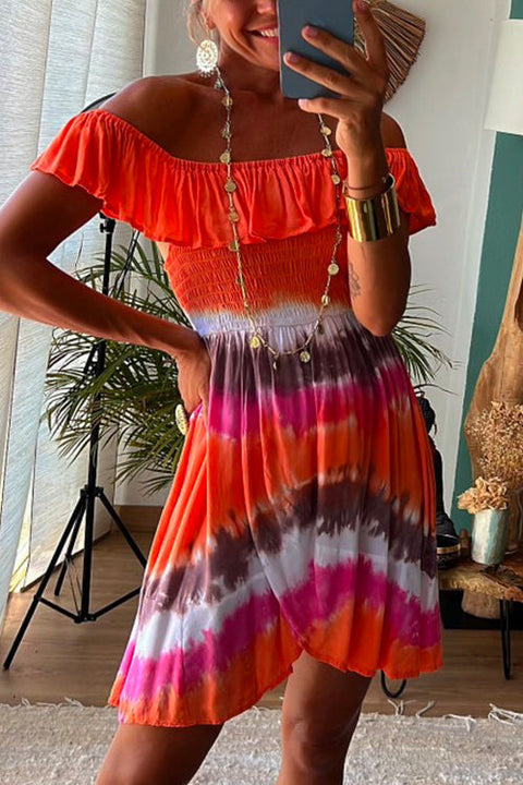 Meridress Ruffle Off Shoulder Waisted Tie Dye Mini Swing Dress