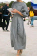 Meridress Lantern Sleeve Ruched Midi Cotton Linen Dress