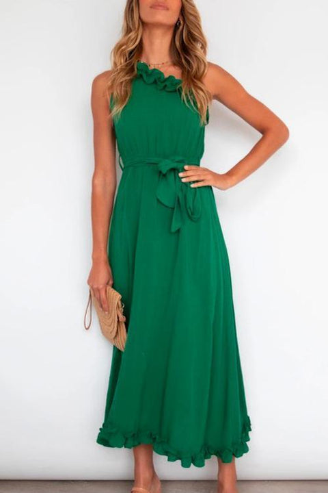 Meridress One Shoulder Sleeveless Tie Waist Ruffle Swing Dress