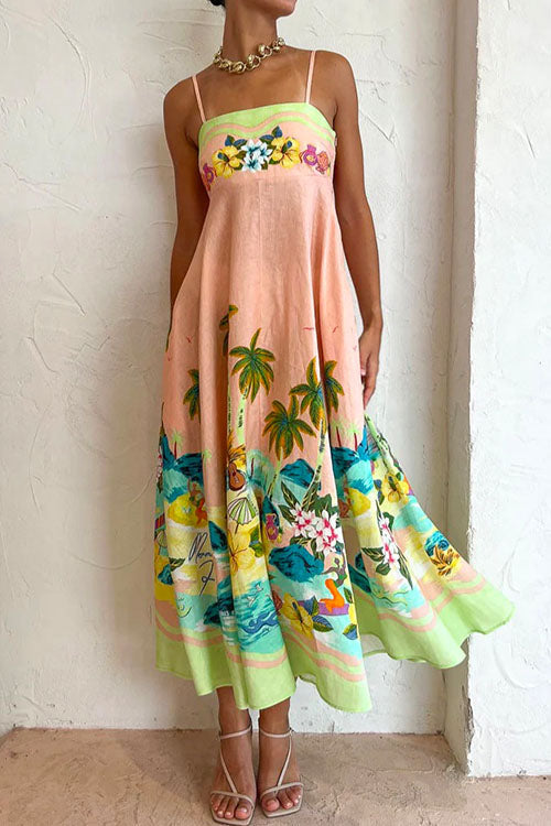 Meridress High Waist Tropic Printed Swing Cami Holiday Dress