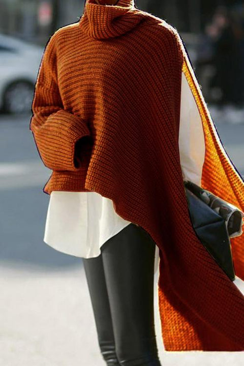 Meridress Turtleneck Asymmetric Slit Sleeve Ribbed Knit Sweater
