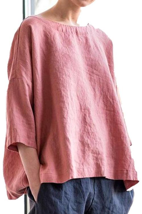 Meridress Vintage 3/4 Sleeve Drop Shoulder Cotton Linen Shirt