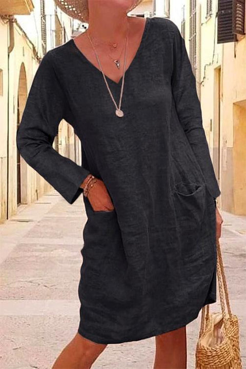 Meridress V Neck Long Sleeve Pockets Cotton Linen Dress