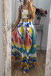 Meridress Bow Knot Shoulder Crop Cami Top Maxi Swing Skirt Graffiti Printed Set