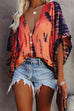 Meridress Buttons V Neck Batwing Sleeve Tie Dye Printed Shirt