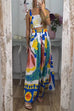 Meridress Bow Knot Shoulder Crop Cami Top Maxi Swing Skirt Graffiti Printed Set