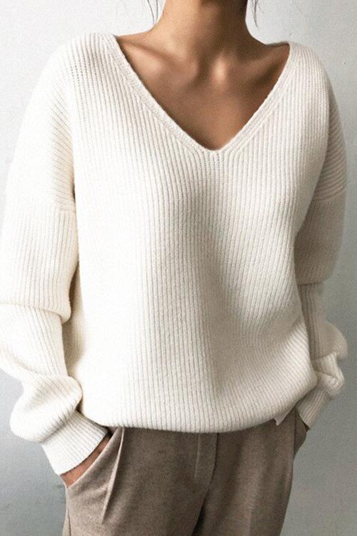 Meridress Solid V Neck Irregular Hem Knit Pullovers
