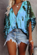 Meridress Buttons V Neck Batwing Sleeve Tie Dye Printed Shirt