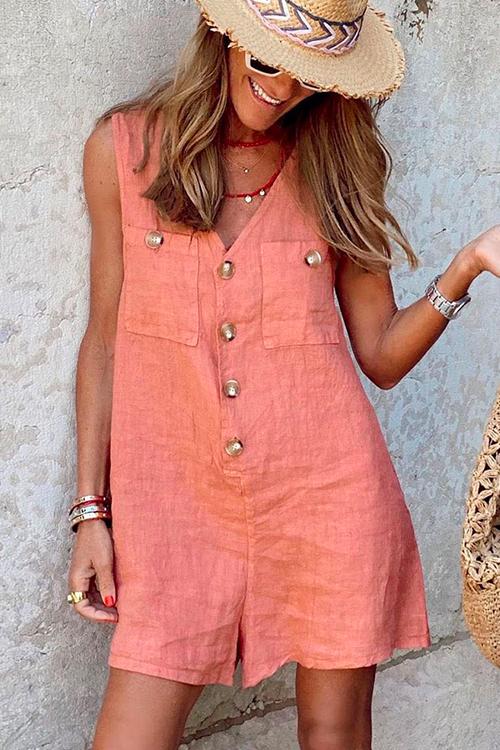 Meridress V Neck Buttons Tank Romper with Pockets