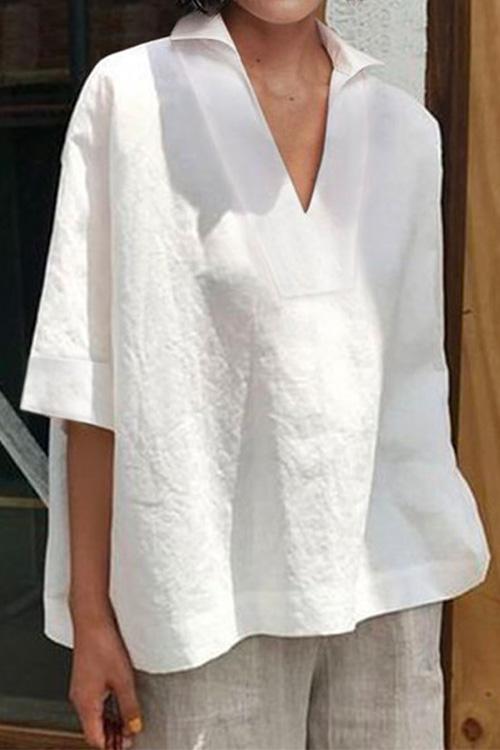 Meridress Oversized Lapel V Neck Half Sleeve Cotton Linen Shirt
