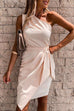 Meridress One Shoulder Sleeveless Tie Waist Ruched Party Dress