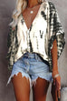 Meridress Buttons V Neck Batwing Sleeve Tie Dye Printed Shirt