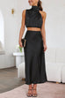 Meridress Turtleneck Sleeveless Crop Top High Waist Maxi Skirt Satin Set