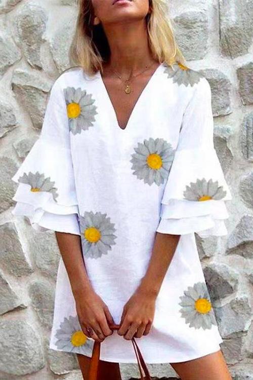 Meridress V Neck Layered Sleeve Daisy Dress