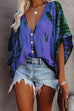 Meridress Buttons V Neck Batwing Sleeve Tie Dye Printed Shirt