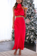 Meridress Turtleneck Sleeveless Crop Top High Waist Maxi Skirt Satin Set