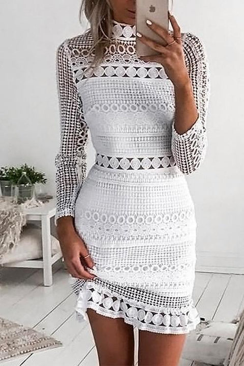 Meridress Mockneck Back Zipper Lace Splice Hollow Out Dress