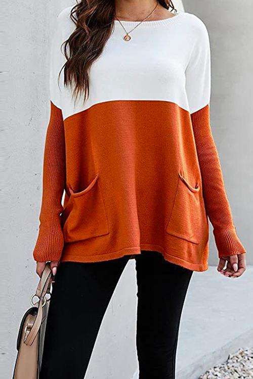 Meridress Long Sleeve Color Block Pockets Knit Pullovers