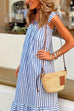 Meridress Square Collar Tie Back Printed Splice Ruffle Maxi Striped Dress