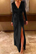 Meridress Deep V Neck Slit Ruched Velvet Party Dress(5 Colors Available)