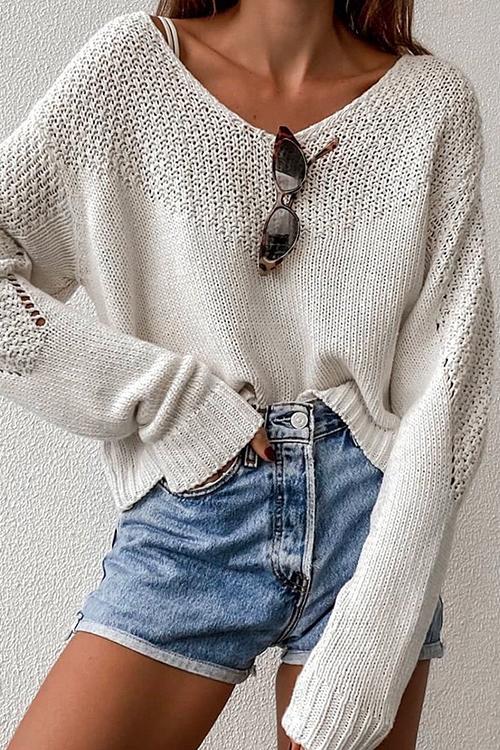 Meridress Drop Shoulder Crochet Hollow Out Knit Top