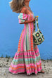 Meridress Boat Neck Short Sleeve Multi-colored Boho Print Maxi Swing Dress