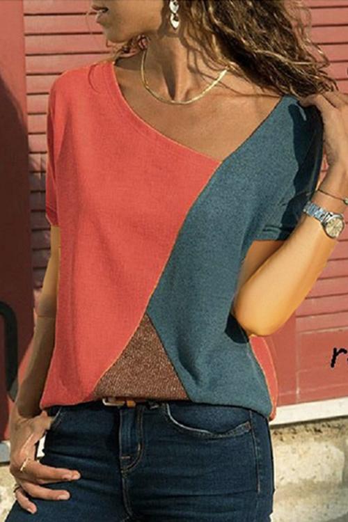 Meridress Color Block V-neck Short Sleeves Tops