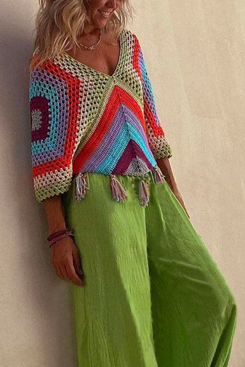 Meridress V Neck Rainbow Color Block Tassel Hollow Out Crochet Top