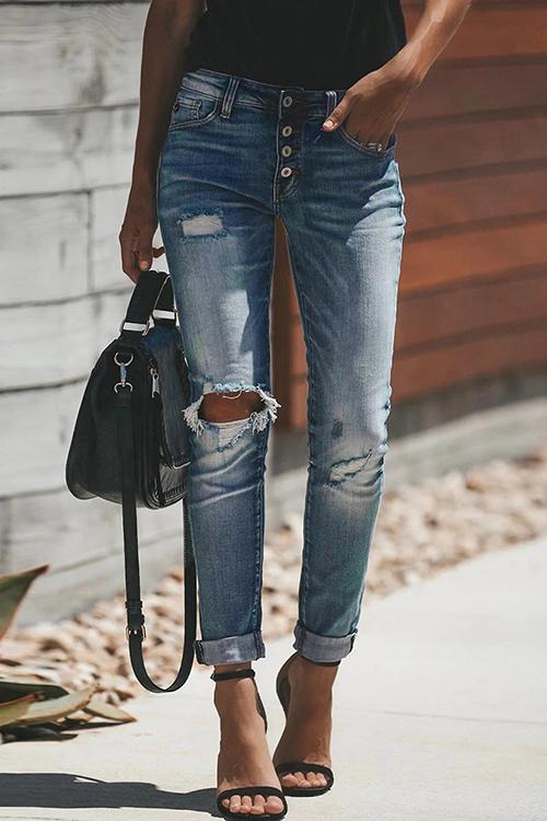 Meridress Button Down Ripped Distressed Skinny Jeans