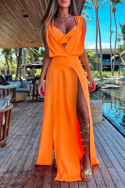 Meridress V Neck High Slit Maxi Cover Up Dress with Crop Cami Top Beach Set