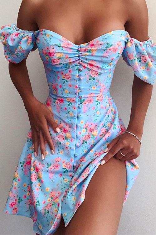 Meridress Off Shoulder Bubble Sleeve Ruched Floral Printed Dress