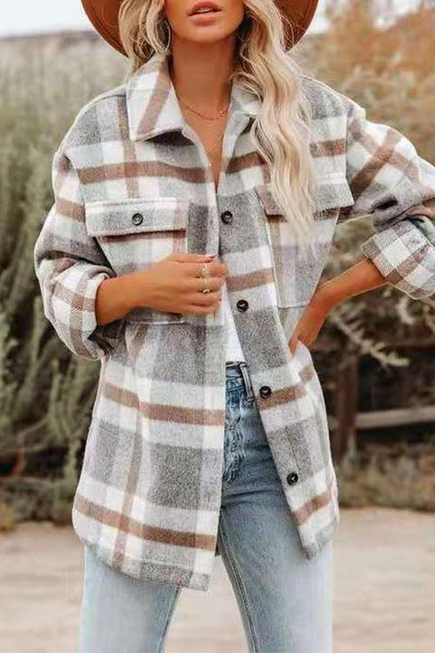 Meridress Button Down Side Split Pockets Plaids Coat