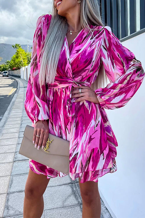 Meridress Wrap V Neck Waisted Ruffle Layered Printed Dress